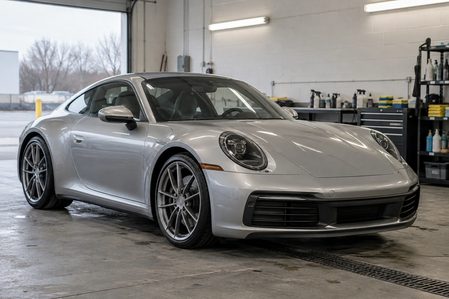 Silver Porsche in a naturally lit detailing bay